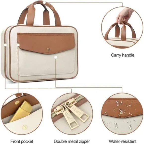 Toiletry Bag and Makeup Pouch For Full Sized Beige Leather Travel Case - Picture 4 of 7